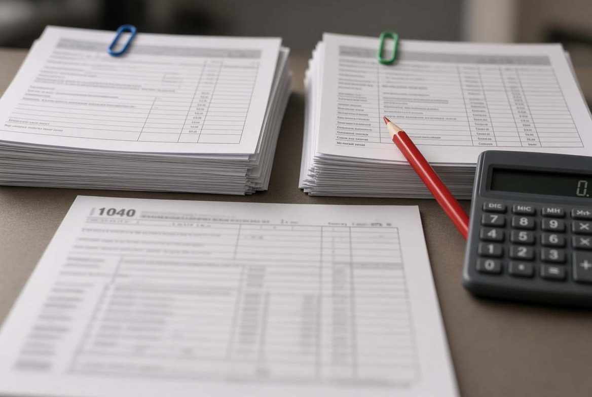 Tax returns, pay statements and a calculator on a desk