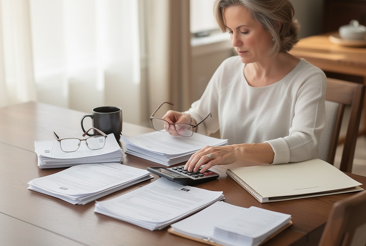 A woman in her fifties at her dining table with a year of bank statements in stacks, a calculator, reading glasses and a coffee