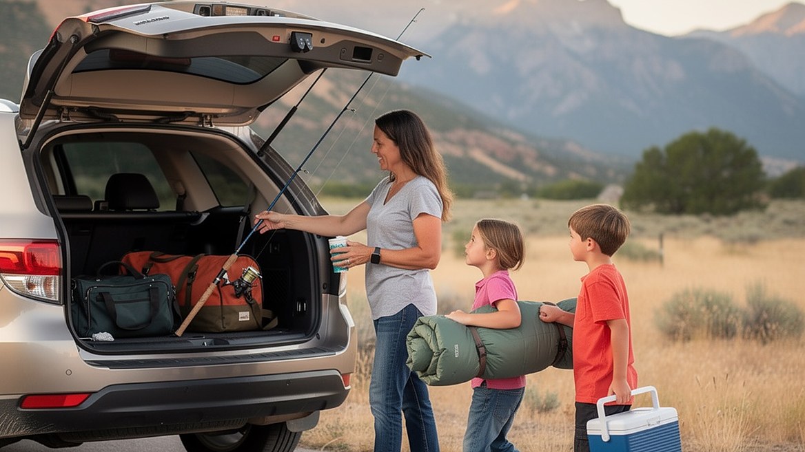 A mother and her two children loading a fishing rod, a sleeping bag and a cooler into the car for a week in the mountains
