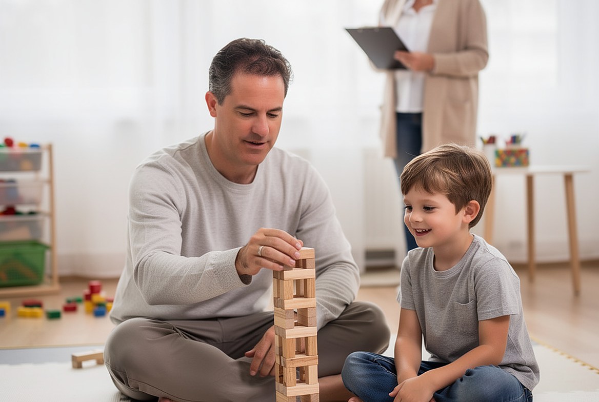 A father and his son building a tower of wooden blocks on the floor of a bright playroom, the supervisor with a clipboard standing back, out of focus