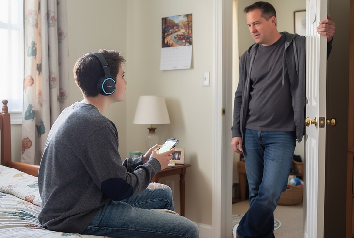 A teenager on the edge of his bed with headphones and his phone, his father leaning in the bedroom doorway