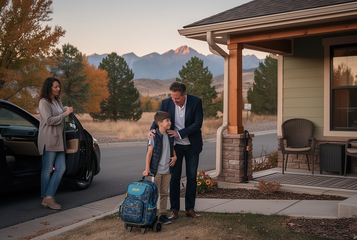A boy with a rolling backpack between his two homes: his father beside him on the lawn, his mother at the car
