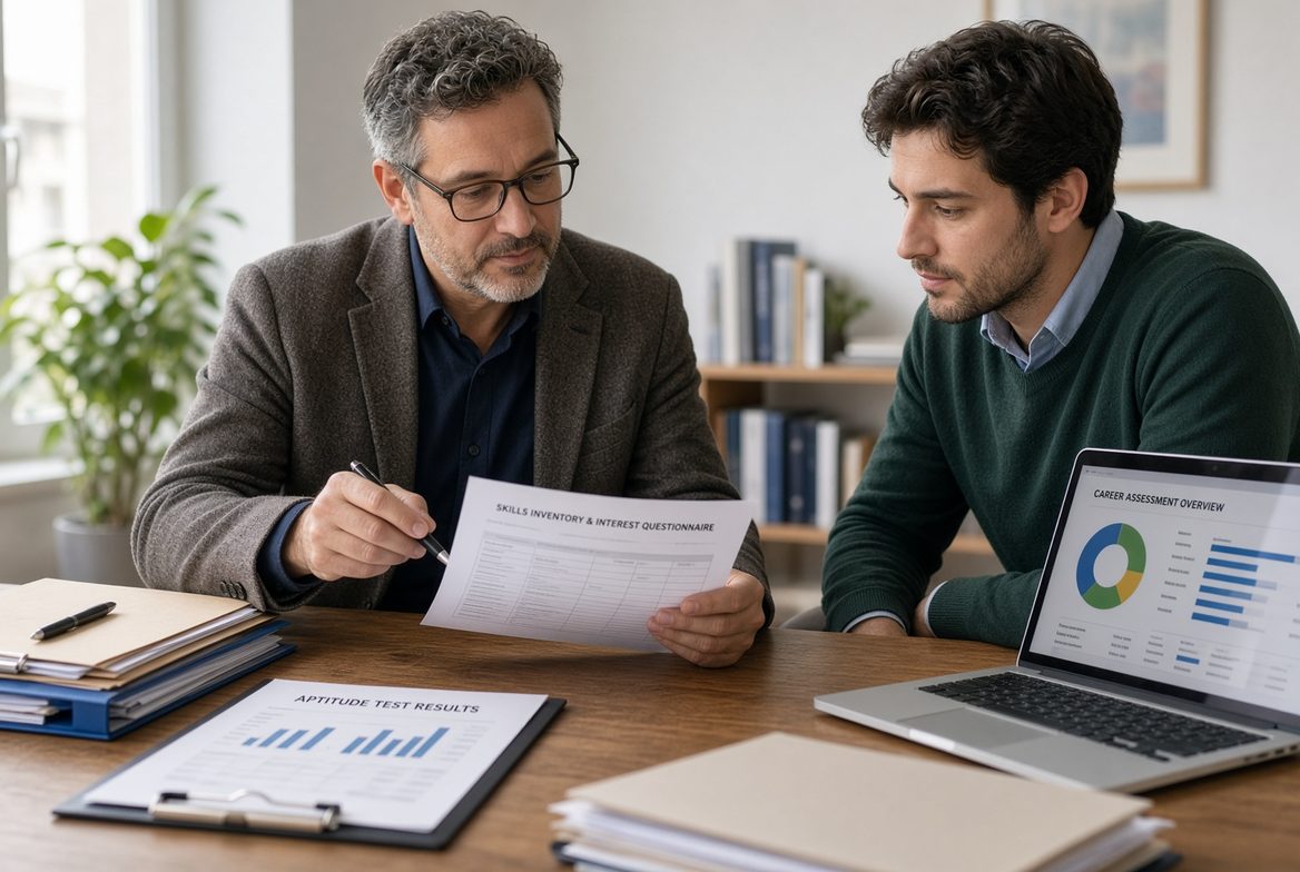 A vocational expert reviewing a skills inventory with the person being evaluated