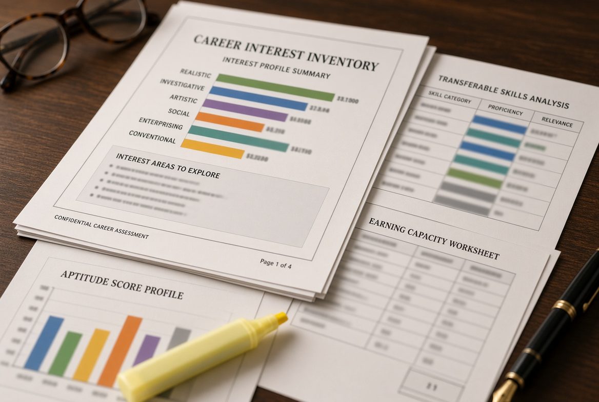Pages of a vocational report: career interest inventory, aptitude score profile, earning capacity worksheet