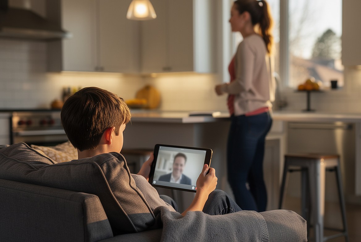 A boy on the couch on a video call with his father on a tablet, his mother at the kitchen island giving them the room