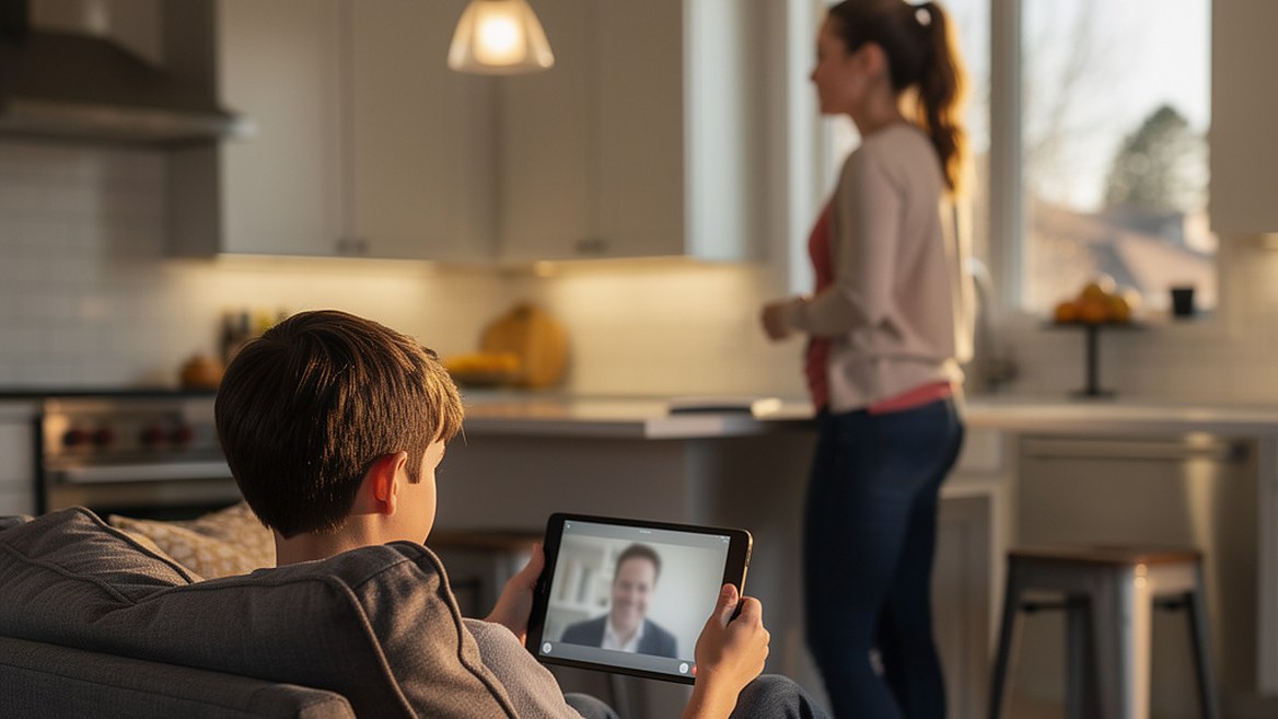 A boy on the couch on a video call with his father on a tablet, his mother at the kitchen island giving them the room